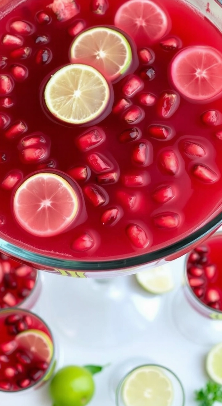 A punch bowl of Sparkling Pomegranate Punch, garnished with pomegranate seeds and lime slices, with glasses arranged nearby.