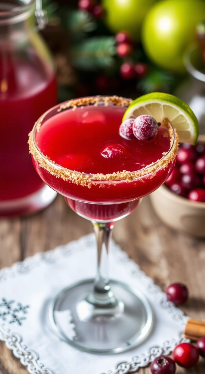 A deep red Spiced Cranberry Margarita with a cinnamon sugar rim, garnished with sugared cranberries, on a rustic holiday table.