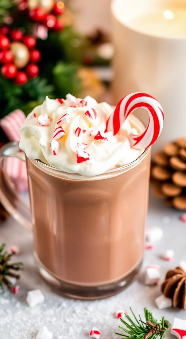 A mug of Spiked Peppermint Hot Chocolate with whipped cream and crushed candy cane pieces, set near cozy holiday decor.