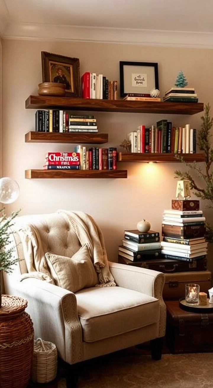 Cozy reading nook with creative book storage, featuring reclaimed wood shelves, a plush armchair with cozy blankets, ambient lighting, and books in unique containers like baskets and vintage suitcases, surrounded by winter decor.