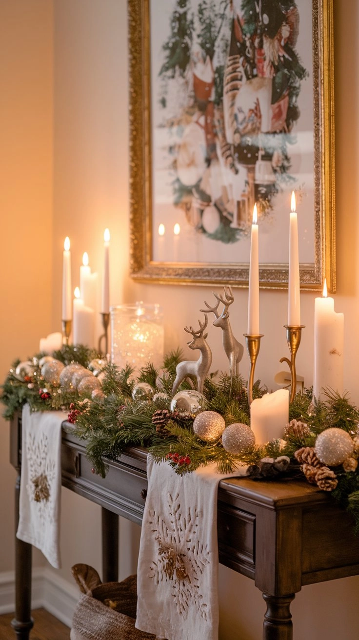 Holiday Entryway Decor with a beautifully styled console table adorned with a lush garland, sparkling ornaments, elegant candles, and decorative reindeer, complemented by a cozy runner and warm ambient lighting for a festive and inviting vibe.