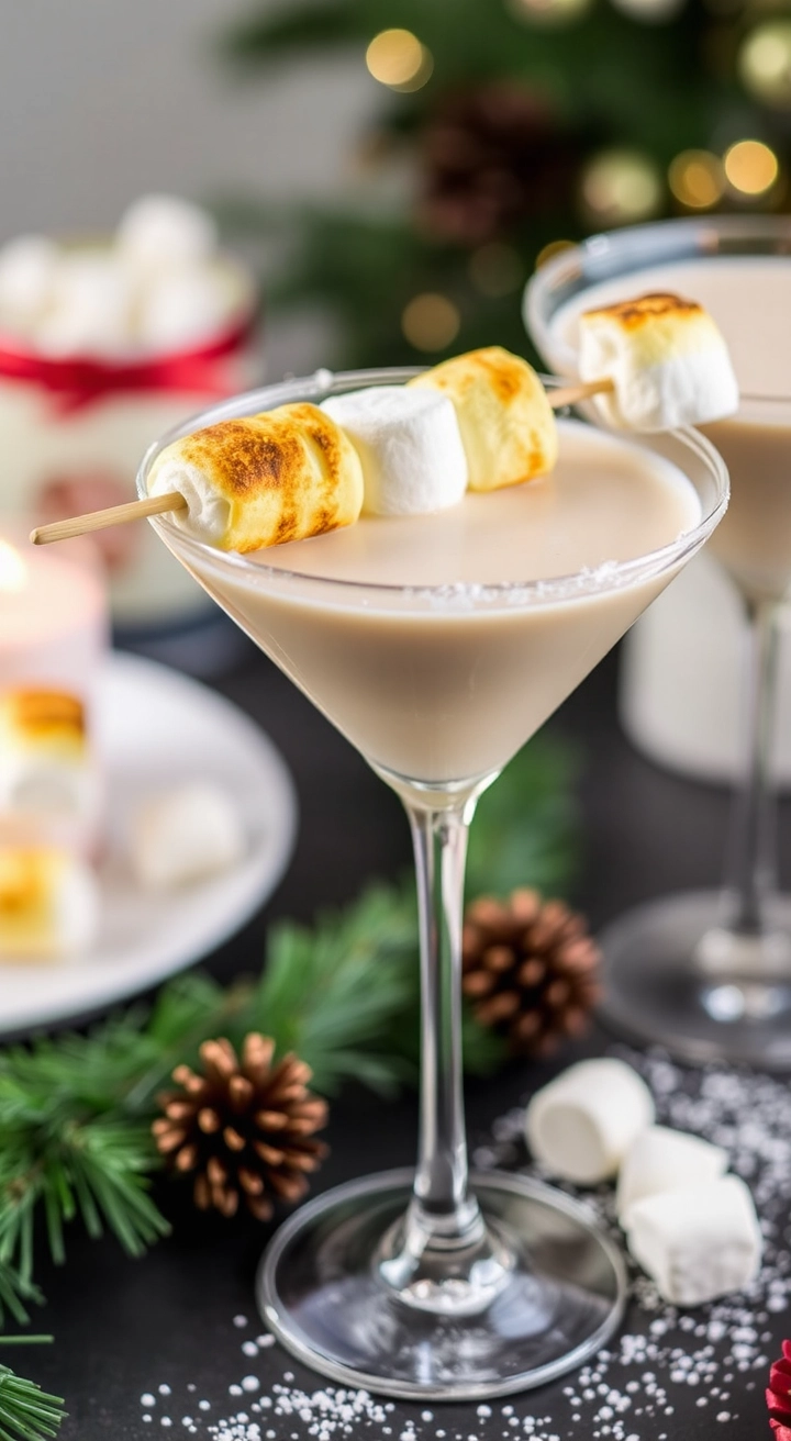 A Toasted Marshmallow Martini in a martini glass, creamy with a toasted marshmallow garnish, set on a holiday dessert table.