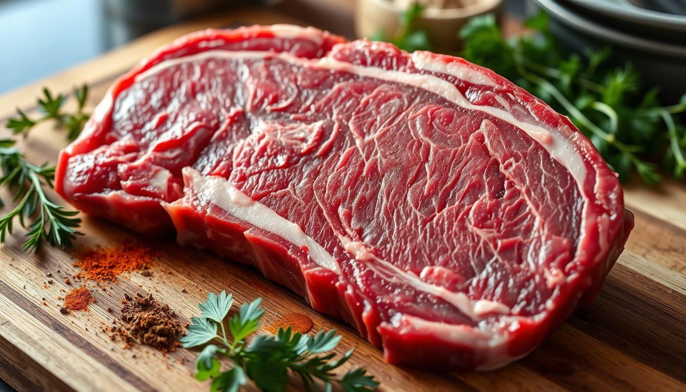 A beautifully marbled raw beef brisket on a wooden cutting board, surrounded by fresh herbs and spices, with soft natural light highlighting the rich textures of the meat.