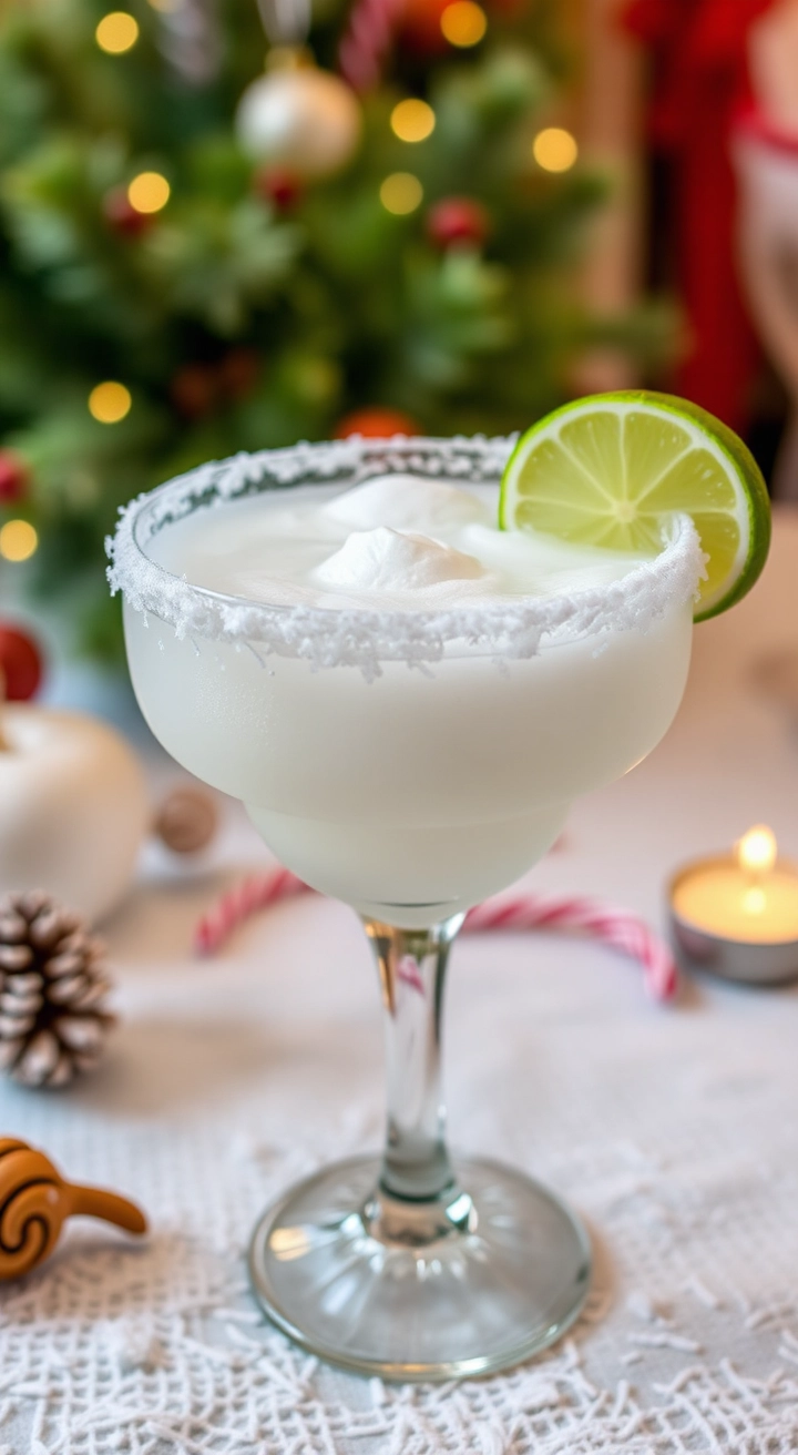 A frosted glass of White Christmas Margarita, white with a coconut flake rim and lime wedge garnish, on a beachy holiday table.