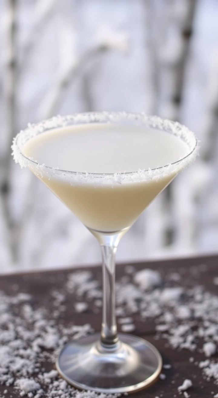 A frosty Winter Wonderland Martini in a white martini glass with a coconut flake rim, against a snowy backdrop.