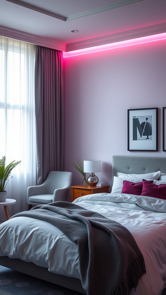 A cozy bedroom with pink accent lighting along the wall, featuring modern decor and a serene atmosphere.