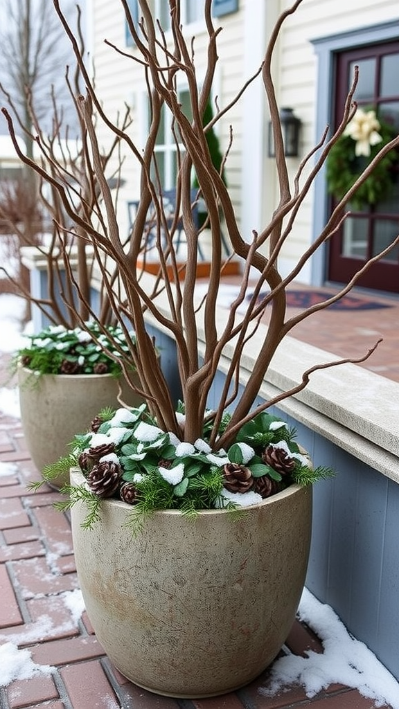 Planters with twisted branches and green foliage, decorated with pine cones and snow.