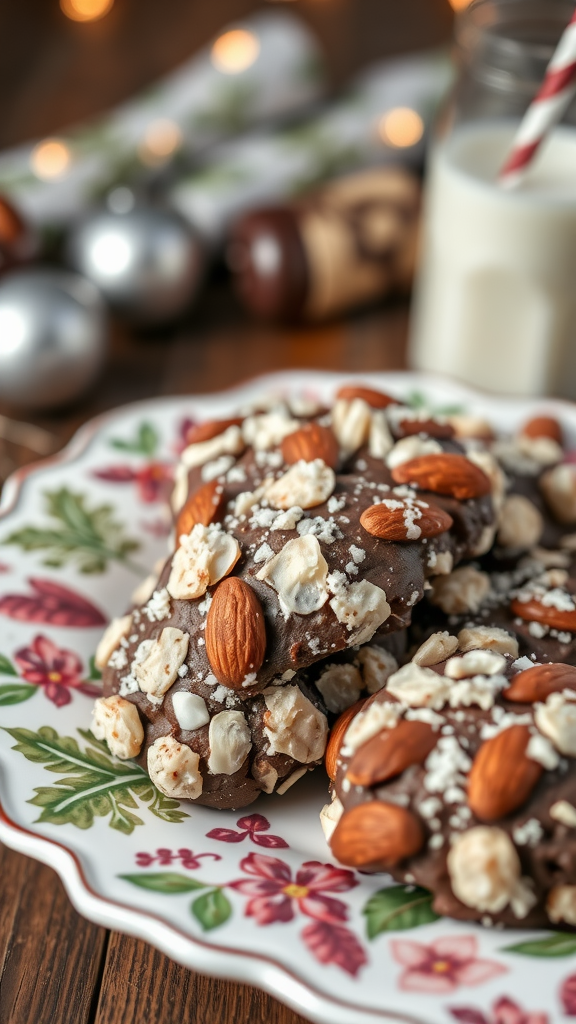 Plate of Almond Joy Cookies topped with almonds and popcorn, with festive decorations in the background.