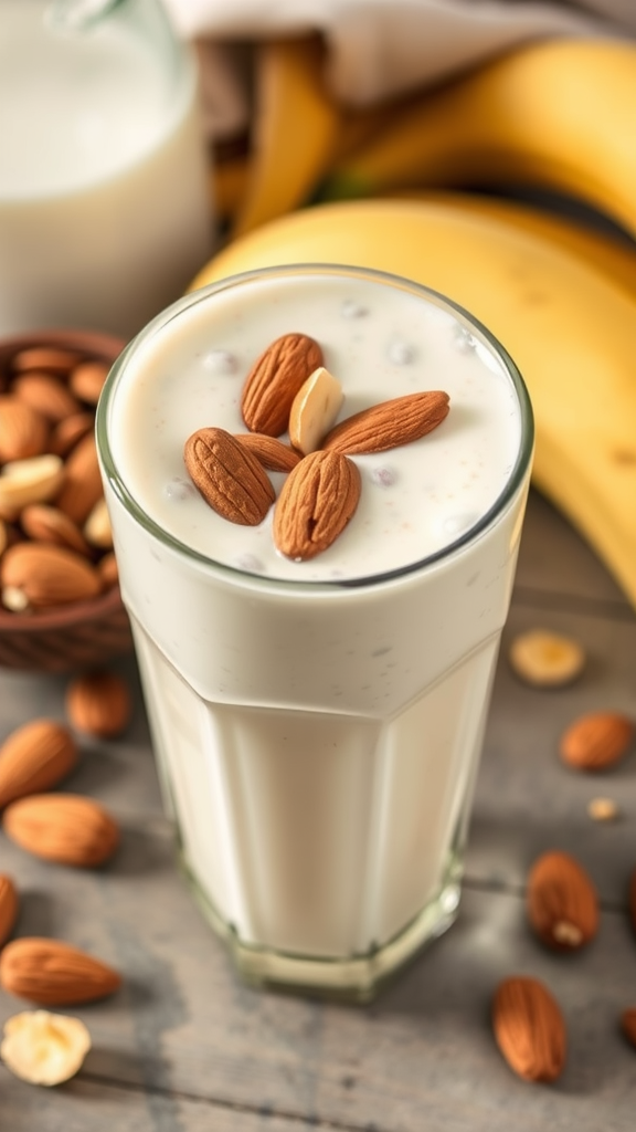 A glass of almond milk topped with almonds, surrounded by bananas and nuts.