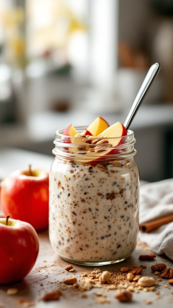 A jar of apple and cinnamon overnight oats topped with apple slices and granola.