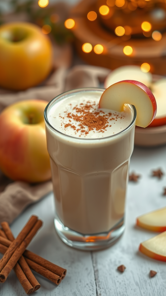 A glass of apple cinnamon smoothie with apple slices and cinnamon sticks on a table.