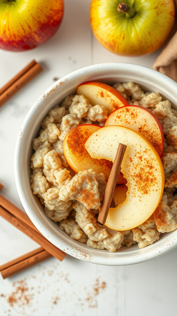 A bowl of apple cinnamon oatmeal topped with fresh apple slices and cinnamon sticks, with apples in the background.