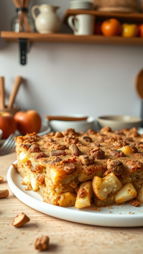 A delicious apple cinnamon overnight casserole with a crispy topping, set on a wooden table.