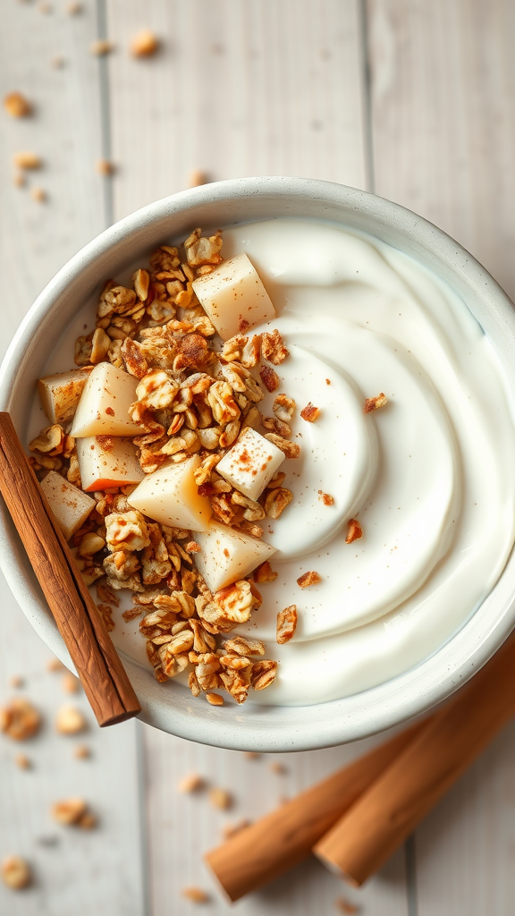 A bowl of yogurt topped with granola, apples, and cinnamon sticks