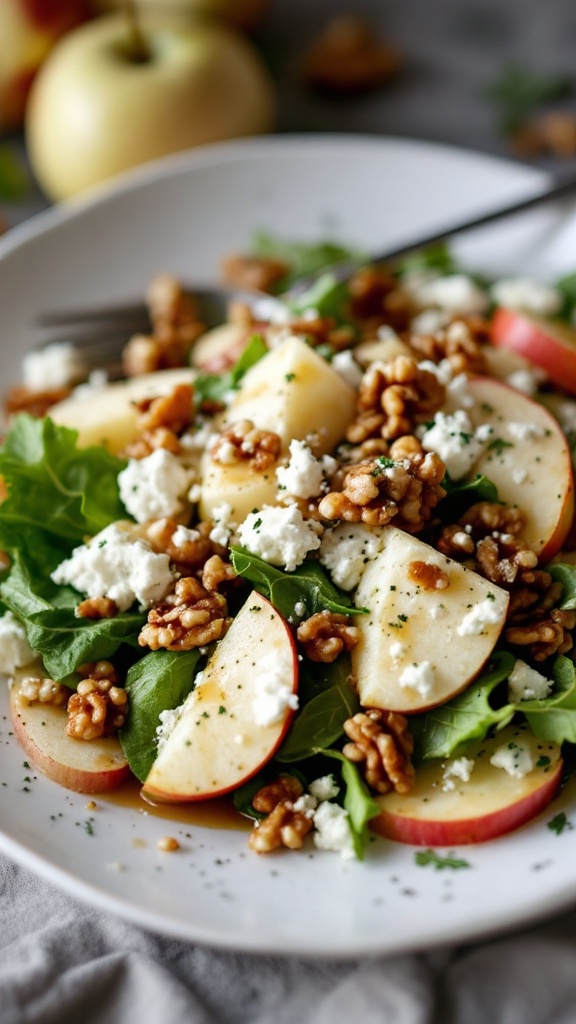 A fresh salad featuring sliced apples, walnuts, and blue cheese on a bed of greens.