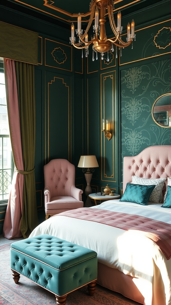 Interior of a luxurious Art Deco inspired bedroom featuring green and pink color scheme.