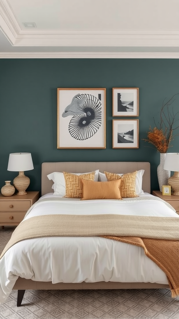 A modern bedroom featuring artful decor elements such as colorful vases, a striking wall art piece, and a stylish sunburst mirror.