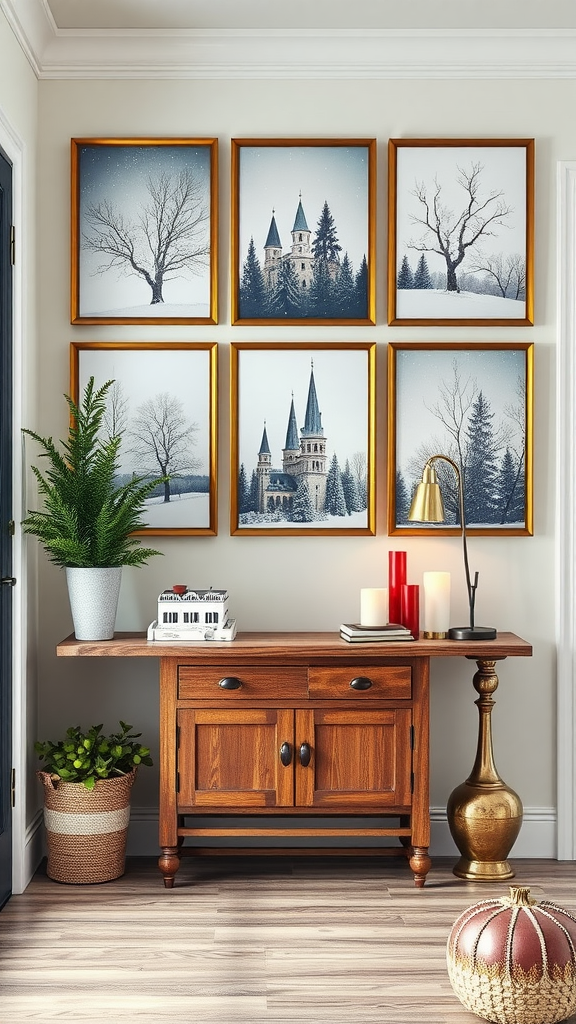 A decorative wall with framed winter landscape art above a wooden console table, featuring plants and candles.