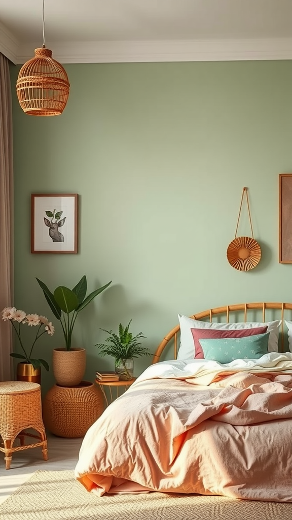 A beautifully decorated bedroom featuring green walls and pink accessories, showcasing a natural and cozy aesthetic.