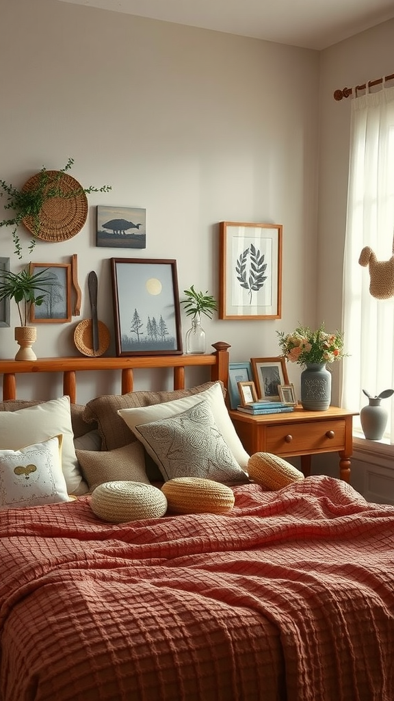 Cozy bedroom with artisan handcrafted items, featuring textured bedding, unique pillows, and nature-themed wall art.