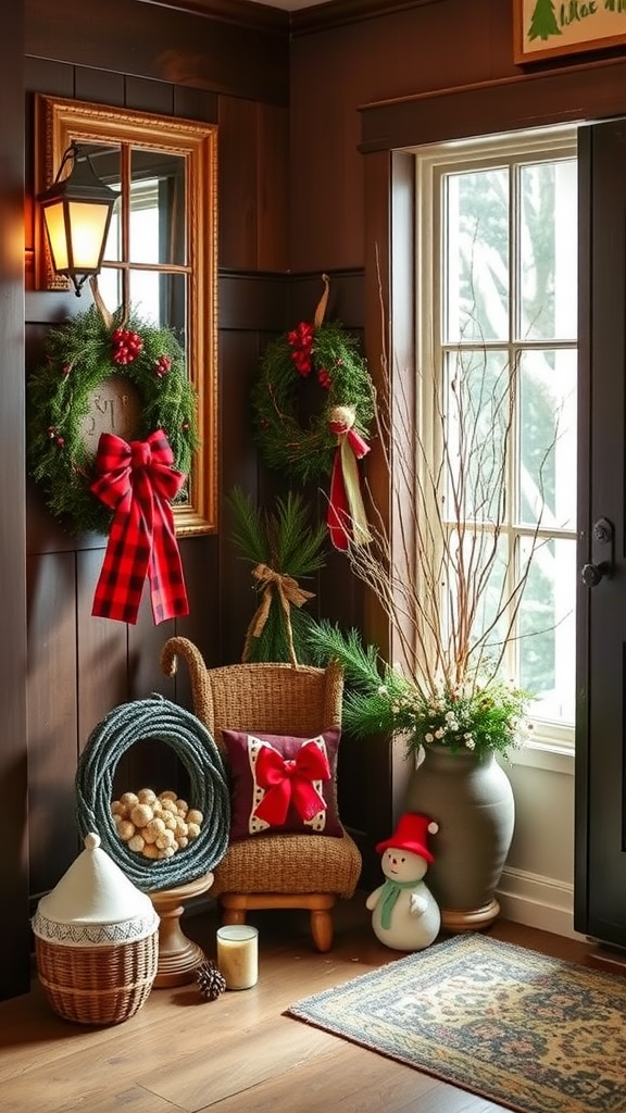 A cozy entrance decorated with a wreath, a snowman, and various handmade decor elements.