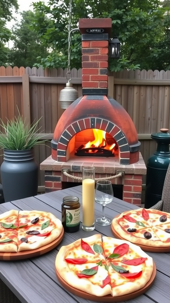 A cozy backyard setup with a pizza oven and a table set for two, featuring pizzas ready to be baked.