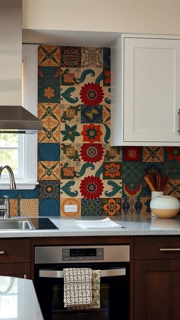 Colorful artistic backsplash in a modern kitchen