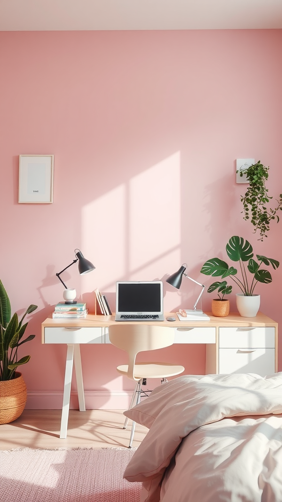 A cozy light pink bedroom with a stylish desk area, featuring a laptop, books, plants, and soft lighting.