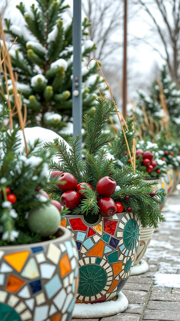 Colorful mosaic planters filled with evergreen branches and red ornaments