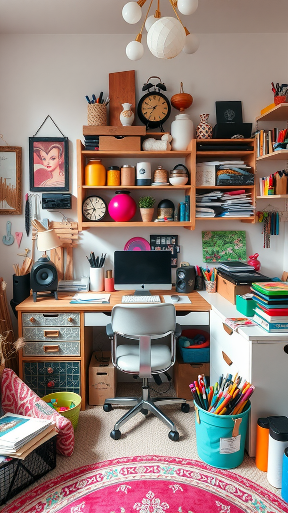 A cozy home office with shelves full of colorful craft supplies and a neat desk setup