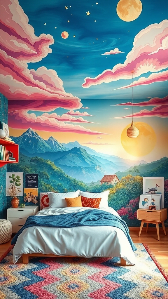 Colorful bedroom featuring a large artistic mural of mountains and a starry sky