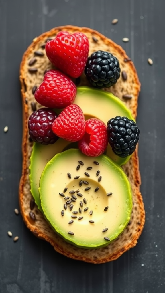 A slice of whole grain bread topped with avocado slices and fresh raspberries and blackberries.