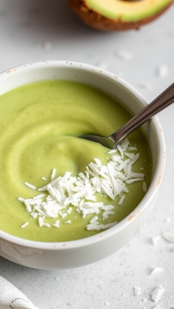 A bowl of smooth avocado coconut cream topped with shredded coconut.