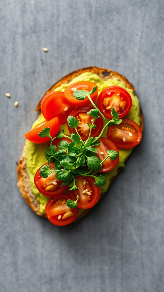 A slice of toasted bread topped with avocado and cherry tomatoes.