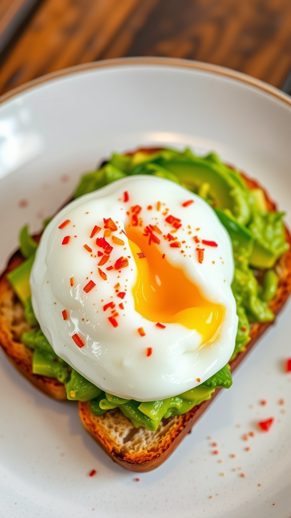 A slice of toasted bread topped with avocado and a poached egg, with the yolk just broken.