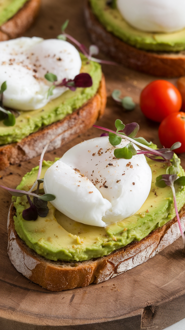 Delicious avocado toast topped with poached eggs, garnished with herbs and served with cherry tomatoes.