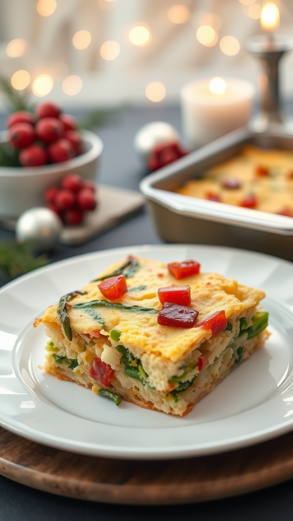 A slice of bacon and asparagus casserole served on a white plate, with festive decorations in the background.