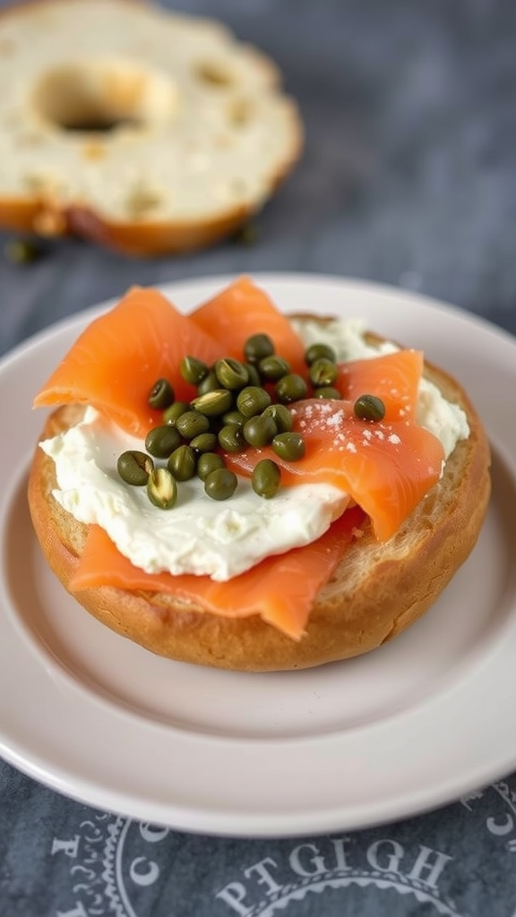 A toasted bagel topped with cream cheese, smoked salmon, and capers on a plate.