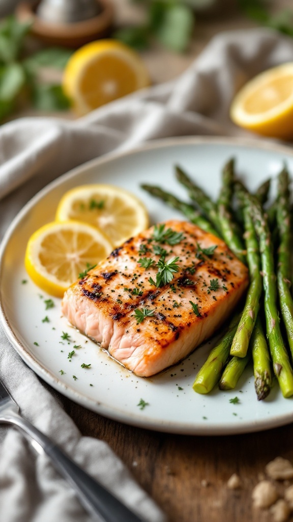 Baked salmon with asparagus and lemon slices on a plate