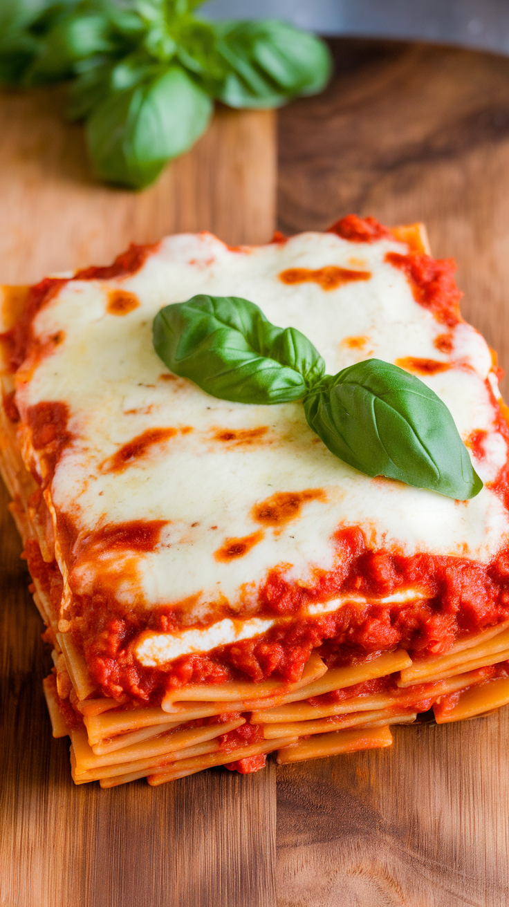 A delicious serving of baked ziti topped with mozzarella and fresh basil leaves.