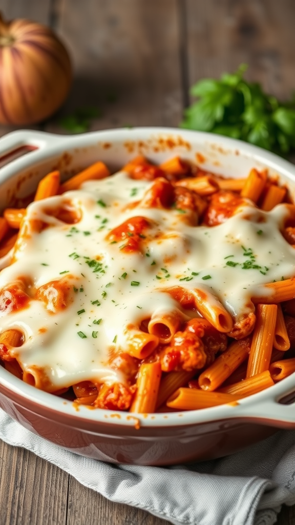 Baked ziti with melted mozzarella cheese in a baking dish