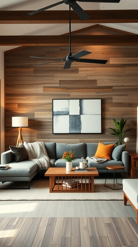 Cozy living room featuring a blend of modern and rustic decor with a gray sofa, wooden accents, and decorative elements.