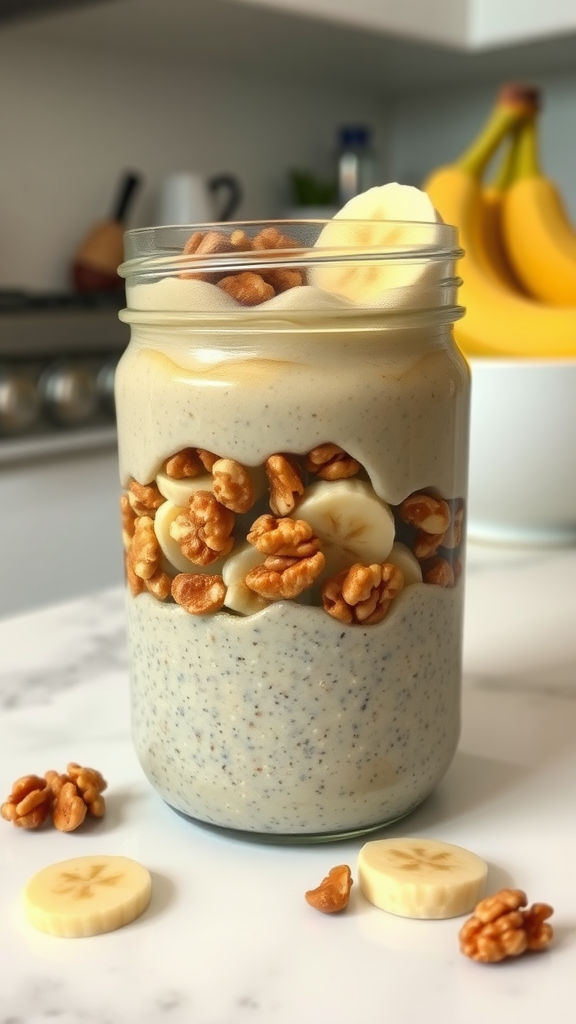 A jar of banana nut chia pudding with layers of banana slices and walnuts.