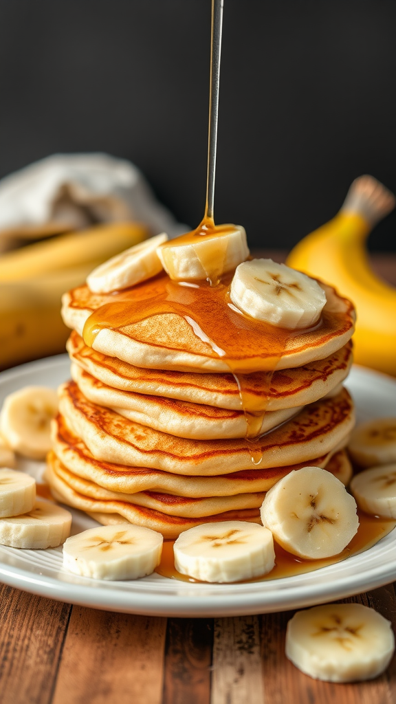 Stack of banana pancakes with syrup and banana slices