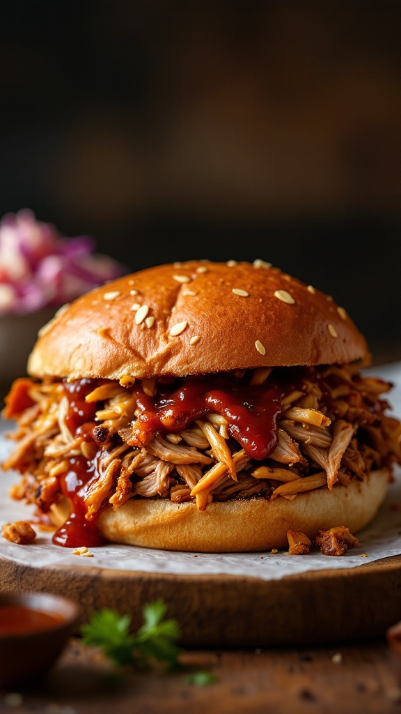 BBQ pulled pork sandwich with a sesame seed bun, piled high with tender pulled pork and barbecue sauce.