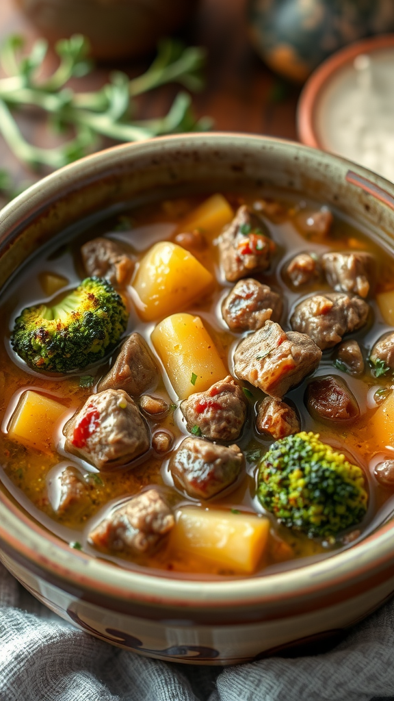 A hearty bowl of beef and broccoli soup with chunks of beef, broccoli, and potatoes in a savory broth.