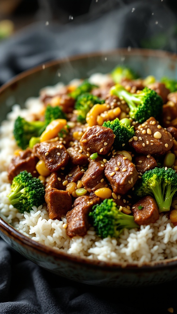 A bowl of beef and broccoli stir-fry served over white rice, topped with sesame seeds.