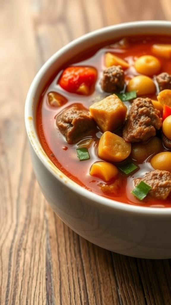 A bowl of beef and vegetable soup filled with chunks of beef, potatoes, corn, and bell peppers.