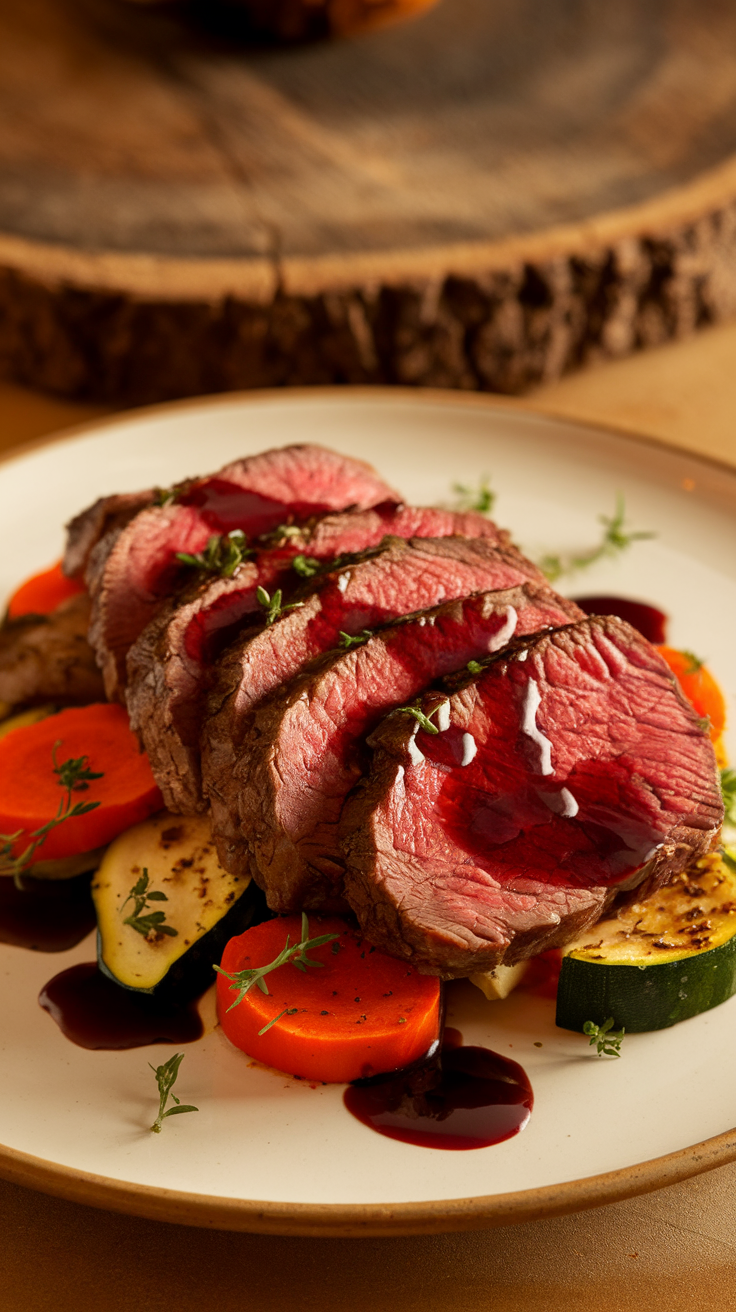 A plate of beef tenderloin with red wine sauce and roasted vegetables.