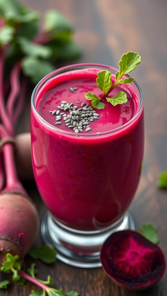 A bright pink beetroot smoothie topped with chia seeds and a leaf, surrounded by fresh beetroots.